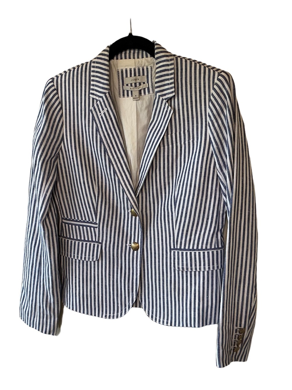J.Crew 100% Linen Schoolboy Blazer Blue White Stripe Preppy Coastal Cruisewear 4